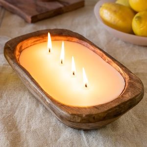 Wooden Dough Bowl Candle 10 Inch, Soy Candle, Farmhouse Candles for Table, Wood Boat 4 Wick, Décor, Unscented