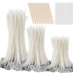 buluker300Pcs Functional Smokeless Candle Wicks,100pcs Wicks Sticker, Pre Waxed Cotton Wick with Metal Sustainer Tabs for Pillar Candle Making and Candle DIY, 9cm/3.5in,15cm/6in,20cm/8in