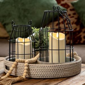Homemory Rustic Farmhouse Lantern Decor with Flameless Candle & Remote Timer, 2PCS Metal Candle Holder Home Decorations for Fireplace Mantle Kitchen Dining Table Living Room