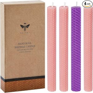 DEYBBY Natural Beeswax Taper Candles,Honeycomb Hand Rolled Beeswax Candles, Dripless and Smokeless Candle, Set of 4 Flat Top(Pink Purple)
